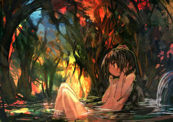 Rule 34 | 1girl, absurdres, bathing, black hair, breasts, commentary request, from side, hat, highres, kaamin (mariarose753), nude, open mouth, partially submerged, plant, red hat, shameimaru aya, short hair, sitting, small breasts, solo, tokin hat, touhou, tree, wet