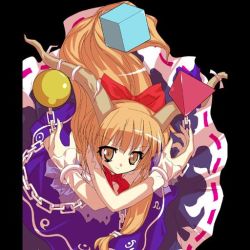 Rule 34 | 1girl, alphes, bad anatomy, black background, chain, cube, female focus, horns, ibuki suika, jpeg artifacts, long hair, official art, oni, orange hair, orb, pillarboxed, pyramid (structure), ribbon, scarlet weather rhapsody, simple background, smile, solo, tetrahedron, touhou, x arms, yellow eyes