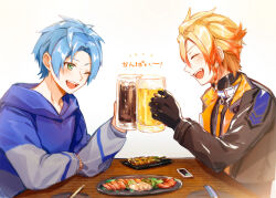 Rule 34 | 2boys, alcohol, axel syrios, beer, beer mug, black gloves, blonde hair, blue hair, blush, braid, collar, conchitwa, cup, drink, food, from side, gloves, green eyes, hair between eyes, happy, highres, holding, holding drink, holostars, holostars english, hood, hoodie, laughing, looking at another, male focus, mug, multicolored hair, multiple boys, one eye closed, open mouth, orange collar, orange hair, red hair, regis altare, short hair, sitting, table, toasting (gesture), two-tone hair, upper body, virtual youtuber, white background, wooden table
