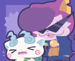 Rule 34 | &gt; &lt;, 10s, cat, chuno, coin purse, closed eyes, fangs, furoshiki, komasan, multiple tails, no humans, notched ear, open mouth, pompadour, purple background, scar, scar across eye, scar on face, sunglasses, tail, two tails, warunyan, wavy mouth, traditional youkai, youkai watch, youkai watch 2