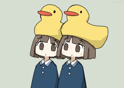 Rule 34 | 2girls, absurdres, blue dress, blunt bangs, blunt ends, bob cut, brown eyes, brown hair, buttons, collared dress, dress, grey background, headgear, highres, light smile, looking at another, multiple girls, original, rubber duck, short hair, siblings, simple background, tokiwa (914), twins