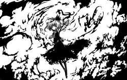 Rule 34 | 1girl, acryl, bad id, bad pixiv id, blonde hair, darkness, embodiment of scarlet devil, female focus, greyscale, hair ribbon, monochrome, outstretched arms, ribbon, rumia, short hair, solo, spread arms, touhou