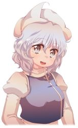 Rule 34 | 1girl, bad id, bad pixiv id, cream (nipakupa), female focus, juliet sleeves, lapel pin, letty whiterock, long sleeves, open mouth, puffy sleeves, simple background, smile, solo, touhou, white background
