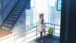 Rule 34 | 1girl, :/, absurdres, ahoge, arknights, asymmetrical legwear, billboard, black socks, black thighhighs, brown hair, building, buttons, chinese commentary, city, closed mouth, commentary, demon horns, drainpipe, expressionless, feathers, fog, highres, horns, id card, infection monitor (arknights), layered clothes, long sleeves, looking at viewer, medium hair, mismatched legwear, multicolored clothes, note, orange eyes, plant, pointy hair, potted plant, railing, rhine lab logo, semi-rimless eyewear, shoes, silence (arknights), single thighhigh, single wing, skyscraper, socks, solo, stairs, sweater, thigh strap, thighhighs, tree, vial, white sweater, wide shot, wide sleeves, wings, yao ren gui
