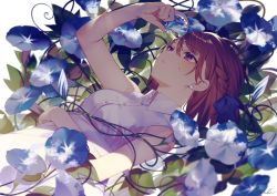 Rule 34 | 1girl, achiki, arm up, bare arms, bare shoulders, blue bow, blue flower, blue ribbon, blush, bow, braid, breasts, brown hair, collared dress, collared shirt, commentary request, dress, dress shirt, earrings, flower, hair between eyes, hair bow, hair ribbon, hand on own stomach, holding, jewelry, leaf, long hair, looking away, lying, medium breasts, on back, original, parted lips, plant, purple eyes, purple hair, ribbon, seashell, shell, shirt, signature, sleeveless, sleeveless dress, sleeveless shirt, small breasts, solo, stud earrings, swept bangs, transparent, upper body, water drop, wet, white background, white dress, white shirt