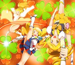 Rule 34 | 10s, 3girls, :o, alternate form, blonde hair, blue skirt, bow, bowtie, brooch, cure honey, cure honey (popcorn cheer), hair bow, happinesscharge precure!, heart, heart brooch, henshin, highres, jewelry, kicking, long hair, magical girl, md5 mismatch, multicolored clothes, multicolored skirt, multiple girls, multiple persona, oomori yuuko, precure, skirt, smile, twintails, upside-down, waist bow, wand, wide ponytail, wrist cuffs, yellow eyes, yellow skirt, yuto (dialique)