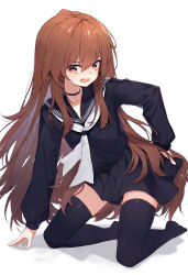 Rule 34 | 1girl, aisaka taiga, arm support, bad id, bad pixiv id, black serafuku, black skirt, black thighhighs, blush, brown eyes, brown hair, choker, collarbone, commentary, fang, full body, highres, kneeling, leaning to the side, lo-ta, long hair, long sleeves, looking at viewer, neckerchief, oohashi high school uniform, open mouth, pleated skirt, sailor collar, school uniform, serafuku, shadow, sidelocks, skirt, solo, thighhighs, toradora!, white background, white neckerchief, zettai ryouiki