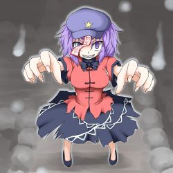 Rule 34 | 1girl, bad id, bad pixiv id, beret, blouse, chinese clothes, evil grin, evil smile, fingernails, foreshortening, grin, hat, jiangshi, looking at viewer, miyako yoshika, ofuda, oribe rin, outstretched arms, purple eyes, purple hair, ringed eyes, rock, sharp fingernails, sharp teeth, shirt, shoes, short hair, short sleeves, skirt, smile, solo, standing, star (symbol), teeth, torn clothes, touhou, zombie pose