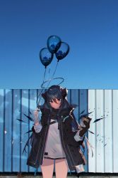 Rule 34 | 1girl, arknights, asymmetrical gloves, balloon, black gloves, black jacket, black shorts, blue eyes, blue hair, blue theme, coffee cup, cowboy shot, cup, detached wings, disposable cup, energy wings, fence, gloves, great lungmen logo, hair between eyes, highres, holding, holding balloon, holding cup, jacket, long hair, looking at viewer, mismatched gloves, mostima (arknights), open clothes, open jacket, shirt, short shorts, shorts, smile, solo, soukou makura, standing, very long hair, white gloves, white shirt, wings