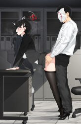 Rule 34 | 1boy, 1girl, ass, ass grab, bent over, black hair, blue archive, chair, clothes pull, doodle sensei (blue archive), from side, high heels, highres, jjanda, leaning forward, long hair, office, office lady, orgasm, pantyhose, pantyhose pull, red eyes, rio (blue archive), sensei (blue archive), sex, standing, surprised