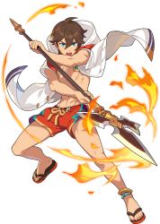 Rule 34 | 1boy, anklet, arm up, artist request, azel (world flipper), blue eyes, brown hair, coat, drawstring, fire, full body, hair between eyes, halberd, highres, holding, holding polearm, holding weapon, hood, hooded coat, jewelry, jumping, male focus, male swimwear, navel, non-web source, official alternate costume, official art, open clothes, open coat, open mouth, pectorals, polearm, red footwear, red male swimwear, red shorts, red swim trunks, sandals, scar, scar on chest, scar on stomach, short hair, short sleeves, shorts, sidelocks, simple background, solo, spread legs, stomach, swim trunks, swimsuit, teeth, transparent background, two-handed, v-shaped eyebrows, weapon, white coat, world flipper