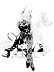Rule 34 | absurdres, arknights, chained sarkaz girl, chuzenji, covered eyes, greyscale, highres, horns, monochrome, pointy ears, sarkaz grudgebearer (arknights), sarkaz sentinel (arknights), thighhighs, treasure, white background, white theme