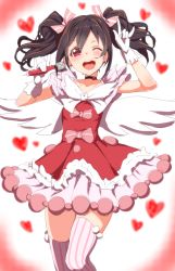 Rule 34 | 10s, 1girl, :d, ;d, black hair, bow, choker, clearite, dress, earrings, gloves, hair ribbon, highres, jewelry, love live!, love live! school idol festival, love live! school idol project, m/, microphone, one eye closed, open mouth, pink thighhighs, red dress, red eyes, ribbon, short hair, smile, solo, striped clothes, striped thighhighs, thighhighs, twintails, vertical-striped clothes, vertical-striped thighhighs, white gloves, wink, yazawa nico