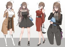 Rule 34 | 1girl, bag, bare shoulders, belt, black coat, black dress, black footwear, black nails, blouse, blue bow, blue eyes, blush, boots, bow, braid, breasts, brown coat, brown hair, buttons, closed eyes, closed mouth, coat, dress, ear piercing, expulse, fashion, glasses, grey background, handbag, high-waist pants, high heels, highres, holding, holding paper, large breasts, long hair, long sleeves, low ponytail, multicolored eyes, multiple views, nail polish, nana (kurisustinah), office lady, open mouth, original, pants, paper, piercing, purple eyes, rectangular eyewear, red dress, see-through, see-through shirt, shirt, shirt tucked in, side braid, smile, straight hair, thigh gap, toes, white footwear, white shirt, wide hips