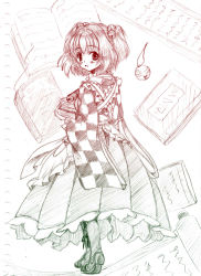 Rule 34 | 1girl, apron, bell, book, checkered clothes, checkered kimono, colored pencil (medium), hair bell, hair ornament, japanese clothes, kimono, monochrome, motoori kosuzu, myo-gateien, myouga teien, short hair, sketch, smile, solo, touhou, traditional media, twintails, two side up, wide sleeves