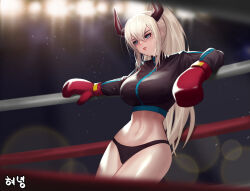 Rule 34 | 1girl, artist name, boxing, boxing gloves, boxing ring, character request, dungeon and fighter, horns, midriff, navel, tagme