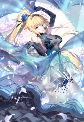 Rule 34 | 1girl, bare shoulders, blonde hair, blue dress, blue eyes, blue flower, blue gloves, blue rose, blush, breasts, commentary request, craft essence (fate), dress, elbow gloves, fate/apocrypha, fate (series), floating hair, flower, gloves, holding, jeanne d&#039;arc (fate), jeanne d&#039;arc (ruler) (fate), jewelry, kousaki rui, large breasts, layered dress, long hair, looking at viewer, messy hair, necklace, ponytail, rose, see-through, shawl, sleeveless, sleeveless dress, smile, solo, tiara, very long hair, wind