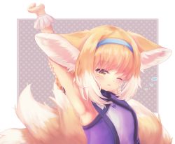 Rule 34 | 1girl, animal ear fluff, animal ears, arknights, arm behind head, arms up, bad id, bad pixiv id, blonde hair, blue hairband, blush, braid, braided hair rings, brown eyes, chrocatz, commentary request, fox ears, fox girl, fox tail, hair rings, hairband, highres, infection monitor (arknights), kitsune, material growth, multicolored hair, oripathy lesion (arknights), parted lips, polka dot, polka dot background, sidelocks, solo, stretching, suzuran (arknights), tail, tail raised, two-tone hair, white hair, wrist cuffs