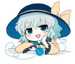 Rule 34 | 1girl, blouse, blue hat, blush, bow, chibi, crystal, green eyes, green hair, hair between eyes, hand on own face, hat, komeiji koishi, long sleeves, looking at viewer, open mouth, rei (tonbo0430), shirt, simple background, smile, solo, touhou, white background, yellow bow, yellow shirt, yellow sleeves