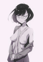 Rule 34 | 1girl, black hair, breasts, breasts out, clothing request, cowboy shot, expressionless, flou (flou art), glasses, greyscale, highres, looking at viewer, medium breasts, monochrome, nipples, original, short hair, sleeves past wrists, solo, solo focus, white background