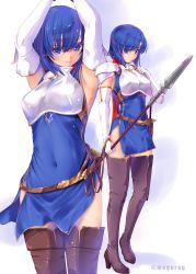 Rule 34 | 1girl, arm support, armor, blue dress, blue eyes, blue hair, boots, breastplate, catria (fire emblem), clenched teeth, covered navel, dress, elbow gloves, fire emblem, fire emblem: mystery of the emblem, full body, gloves, grey footwear, hair between eyes, highres, holding, holding weapon, kirishima satoshi, long hair, looking at viewer, nintendo, short dress, shoulder armor, side slit, sleeveless, sleeveless dress, solo, standing, straight hair, teeth, thigh boots, twitter username, weapon, white background, white gloves