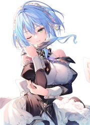 Rule 34 | blue hair, breasts, green eyes, hikikomari kyuuketsuki no monmon, holding, holding knife, knife, large breasts, maid, maid headdress, riichu, simple background, villhaze, white background