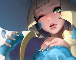 Rule 34 | 1girl, blonde hair, braid, cosmog, creatures (company), eyelashes, fingernails, from below, game freak, gen 7 pokemon, green eyes, hat, houkagi yuu, legendary pokemon, lillie (pokemon), lips, long hair, looking at viewer, nintendo, one eye closed, out of frame, parted lips, pokemon, pokemon (creature), pokemon sm, portrait, shade, solo focus, sun hat, twin braids, white background, white hat