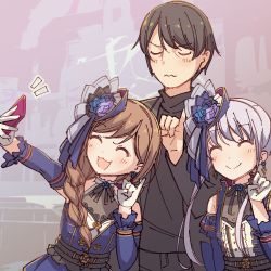 Rule 34 | 1boy, 2girls, :3, :d, ^ ^, ayasaka, bang dream!, black hair, black neckwear, black shirt, blue flower, blue headwear, blue ribbon, braid, brown hair, cellphone, center frills, closed eyes, commentary request, detached sleeves, dress, earrings, flower, frills, gloves, grey hair, group picture, hair flower, hair ornament, hair over shoulder, hat, hat ribbon, holding, holding phone, imai lisa, jewelry, long hair, minato yukina, minato yukina&#039;s father, multiple girls, neck ribbon, open mouth, phone, pinky out, ribbon, selfie, shirt, side ponytail, single braid, smartphone, smile, taking picture, u u, upper body, wavy mouth, white gloves