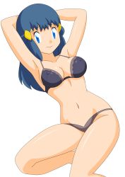 Rule 34 | 1girl, absurdres, armpits, arms behind head, arms up, black bra, blue eyes, blue hair, bra, breasts, censored, closed mouth, collarbone, covered erect nipples, creatures (company), dawn (pokemon), female focus, game freak, grey bra, grey panties, hair ornament, highres, legs, lingerie, long hair, looking at viewer, medium breasts, midriff, navel, neck, nintendo, panties, pokemon, pokemon (anime), pokemon dppt, pokemon dppt (anime), shiny skin, smile, solo, thighs, third-party edit, transparent background, underwear, vector trace, zel-sama