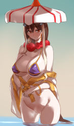 Rule 34 | 1girl, bad id, bad pixiv id, bare shoulders, bead necklace, beads, bikini, bikini top only, bottomless, breasts, brown eyes, brown hair, cleavage, commentary request, earrings, fate/grand order, fate (series), hair between eyes, halterneck, hand on own chest, hat, hoop earrings, jewelry, large breasts, necklace, partially submerged, purple bikini, pussy, robe, standing, swimsuit, underboob, wading, water, white robe, xuangzang sanzang (fate), yostxxx