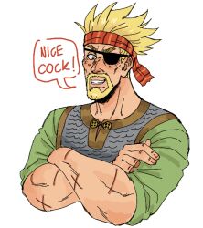 Rule 34 | 1boy, blonde hair, cropped torso, daxratchet, eyepatch, facial hair, goatee, headband, male focus, mature male, meme, mustache, nice cock (meme), red headband, short hair, sideburns, solo, spiked hair, thick eyebrows, thorkell, vinland saga, white background