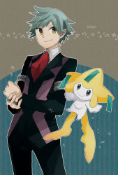 Rule 34 | 00s, 1boy, ascot, buzz (moi), character name, clenched hand, creature, creatures (company), formal, full body, game freak, gen 3 pokemon, jirachi, legendary pokemon, looking at viewer, male focus, mythical pokemon, nintendo, own hands together, pokemon, pokemon (creature), pokemon rse, silver hair, smile, standing, star (symbol), steven stone, suit, yellow eyes