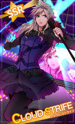 Rule 34 | 1boy, adapted costume, alternate costume, beckey9415, black pantyhose, blonde hair, boots, character name, cloud strife, corset, crossdressing, crowd, final fantasy, final fantasy vii, final fantasy vii remake, frilled sleeves, frills, glowstick, highres, idol, idolmaster, idolmaster side-m, male focus, microphone, microphone stand, pantyhose, parody, parted lips, solo, spiked hair, stage, stage lights, tiara, trap, wall market
