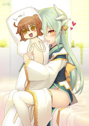 Rule 34 | 1girl, aqua hair, artist name, bed sheet, blurry, blush, brown eyes, character print, dakimakura (object), depth of field, fate/grand order, fate (series), female pervert, fujimaru ritsuka (female), hair ornament, heart, horns, indoors, japanese clothes, kimono, kiyohime (fate), long hair, long sleeves, looking at viewer, minamura haruki, mouth hold, no panties, obi, hugging object, on bed, pelvic curtain, pervert, pillow, pillow hug, riyo (lyomsnpmp) (style), room, sash, sitting, smile, solo, thighhighs, translation request, twitter username, white thighhighs, wide sleeves