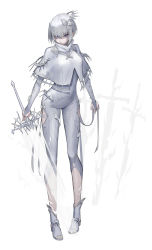 Rule 34 | 1girl, arched back, bodysuit, boots, breasts, bridal gauntlets, capelet, full body, grey bodysuit, grey footwear, grey hair, hair between eyes, hair ornament, highres, holding, holding sword, holding weapon, leaning forward, looking at viewer, mins (minevi), original, purple eyes, short hair, small breasts, solo, standing, sword, toeless footwear, torn bodysuit, torn clothes, transparent, weapon, white background, white capelet, white theme