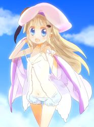 Rule 34 | bad id, bad pixiv id, blonde hair, bloomers, blue eyes, camisole, fang, flat chest, hat, kuma jet, little busters!, long hair, noumi kudryavka, shawl, solo, strap slip, underwear