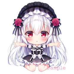 Rule 34 | 1girl, :o, black bow, black dress, black hairband, blush, bow, chibi, commentary request, dress, flower, frilled dress, frilled hairband, frilled socks, frills, full body, hair between eyes, hairband, long hair, lowres, mitsuba choco, no shoes, original, outstretched arms, parted lips, puffy short sleeves, puffy sleeves, red flower, red rose, rose, sample watermark, short sleeves, simple background, sitting, socks, solo, spread arms, striped, striped bow, very long hair, wariza, watermark, white background, white bow, white hair, white socks