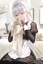 Rule 34 | 1girl, apron, bed, bedroom, black dress, black gloves, blush, braid, commentary request, cross, cup, dress, earrings, framed, gloves, highres, holding, holding clothes, holding shirt, jewelry, kfr, long hair, maid, maid apron, maid headdress, original, partially fingerless gloves, picture frame, pillow, shirt, sidelocks, sitting, smelling, smelling clothes, solo, very long hair, wariza, white hair, yellow eyes