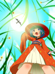 Rule 34 | 1girl, bird, black sash, blue eyes, blue hair, blue sky, blunt bangs, blush, body blush, bowl, bowl hat, cloud, commentary request, feet out of frame, flower, from below, grass, hat, highres, iwaserie, japanese clothes, kimono, long sleeves, looking afar, mini person, minigirl, needle, obi, open mouth, red kimono, sash, sewing needle, short hair, sky, solo, sukuna shinmyoumaru, sun, touhou, wide sleeves, yellow flower