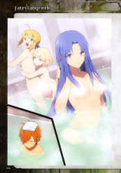 Rule 34 | 10s, 1boy, 3girls, :o, absurdres, adjusting hair, artoria pendragon (all), artoria pendragon (fate), bath, blonde hair, blue eyes, blue hair, censored, convenient censoring, fate/extra, fate/labyrinth, fate/prototype, fate/stay night, fate (series), gradient background, green eyes, hair bun, highres, hug, hug from behind, long hair, looking at viewer, medea (fate), multiple girls, nakahara (mu tation), nude, official art, pointy ears, robin hood (fate), saber (fate), sajou manaka, scan, short hair, single hair bun, smile, steam, steam censor, surprised, towel, towel on head