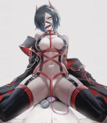 Rule 34 | 1boy, 1girl, absurdres, azur lane, ball gag, bare shoulders, black coat, black hair, black thighhighs, breast strap, breasts, c-string, chinese commentary, cleavage, coat, collarbone, commander (azur lane), commentary request, commission, crop top, cross, cum, cum on body, cum on clothes, cum on legs, ear piercing, gag, gagged, garter straps, gluteal fold, hair between eyes, hair ornament, hair over one eye, head out of frame, highres, hitachi magic wand, horns, iron cross, jacket, large breasts, lin jingling, long sleeves, looking at viewer, mechanical horns, multicolored hair, navel, o-ring, off shoulder, pants, parted lips, piercing, red horns, red rope, restrained, rope, second-party source, sex toy, shadow, shibari, shibari over clothes, shirt, short hair, sidelocks, simple background, sitting, sitting on person, skindentation, sleeveless, sleeveless shirt, solo focus, stomach, straddling, strapless bottom, thighhighs, thighs, ulrich von hutten (azur lane), vibrator, white background, white hair, white jacket, white pants, white shirt, yellow eyes