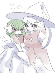 2girls absurdly_long_hair alternate_color arm_around_back black_sclera blush blush_stickers bob_cut closed_mouth colored_sclera colored_skin creatures_(company) dress eye_contact female_focus flying_sweatdrops game_freak gardevoir gen_3_pokemon gen_8_pokemon gloves gradient_hair green_hair hair_between_eyes happy hat hatterene interspecies long_dress long_hair looking_at_another mame_(nanase_pk) mega_gardevoir mega_pokemon multicolored_hair multiple_girls nervous nintendo notice_lines pokemon pokemon_(creature) red_eyes red_hair shiny_pokemon short_hair sidelocks simple_background sketch smile sweat two-tone_hair very_long_hair white_background white_dress white_eyes white_gloves white_hair white_hat white_skin witch_hat yuri