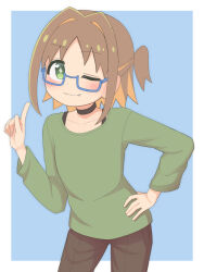 Rule 34 | 1girl, ;), bespectacled, black-framed eyewear, black choker, black pants, blue background, brown hair, choker, collarbone, colored inner hair, commentary, contrapposto, cowboy shot, diamond-shaped pupils, diamond (shape), fang, fang out, glasses, green eyes, green shirt, hair intakes, hand on own hip, highres, index finger raised, light blush, long sleeves, looking at viewer, multicolored hair, oka asahi, one eye closed, onii-chan wa oshimai!, orange hair, pants, parted bangs, rundraw, semi-rimless eyewear, shirt, short hair, simple background, smile, solo, symbol-only commentary, symbol-shaped pupils, two-tone hair, under-rim eyewear