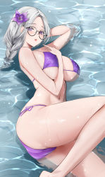 Rule 34 | 1girl, absurdres, ass, bare arms, bare shoulders, beach, bikini, black-framed eyewear, blush, braid, braided ponytail, breasts, cleavage, commentary, commission, feet out of frame, flower, glasses, grey hair, hair flower, hair ornament, highres, large breasts, lillly, lip piercing, long hair, looking at viewer, lying, mole, navel, on side, original, parted lips, piercing, pixiv commission, purple bikini, purple eyes, round eyewear, shallow water, side-tie bikini bottom, solo, stomach, string bikini, swimsuit, thighs, underboob, water, wet, wet clothes