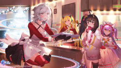 Rule 34 | 4girls, absurdres, ahoge, animal ear headphones, animal ears, apron, axent wear, azur lane, bell, black gloves, blonde hair, blush, bow, breasts, brown eyes, brown hair, capelet, cat ear headphones, christmas, cleavage, commentary, concord (azur lane), concord (sweet christmas) (azur lane), copyright name, criss-cross halter, cup, dewey (a christmas thank-you) (azur lane), dewey (azur lane), dress, english commentary, fake animal ears, fangs, food, fur-trimmed capelet, fur-trimmed sleeves, fur trim, gingerbread man, gloves, grey eyes, grey hair, hair bell, hair between eyes, hair bow, hair ornament, hair ribbon, halterneck, head tilt, headphones, highres, holding, holding bell, holding cup, holding tray, horns, isuzu (azur lane), isuzu (cozy christmas eve) (azur lane), large breasts, long dress, long hair, long sleeves, looking at viewer, medium breasts, midriff, miniskirt, multiple girls, no bra, off-shoulder dress, off shoulder, official alternate costume, official alternate hairstyle, official art, open mouth, orange sekaii, purple hair, red capelet, red eyes, red gloves, red skirt, red thighhighs, ribbon, seattle (azur lane), seattle (christmas party prep) (azur lane), second-party source, short hair, side ponytail, single thighhigh, skindentation, skirt, smile, standing, standing on one leg, star-shaped pupils, star (symbol), suspender skirt, suspenders, symbol-shaped pupils, thighhighs, tongue, tongue out, tray, turtleneck, twintails, two side up, very long hair, wide sleeves, yellow eyes