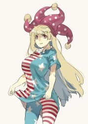 Rule 34 | 1girl, aged up, alternate breast size, american flag dress, blonde hair, breasts, clothes lift, clownpiece, cowboy shot, dress, dress lift, frilled shirt collar, frills, hat, highres, jester cap, large breasts, lifting own clothes, long hair, looking at viewer, muneneko, no wings, pantyhose, parted lips, polka dot, print pantyhose, red eyes, short sleeves, simple background, smile, solo, star (symbol), star print, striped clothes, striped pantyhose, touhou, very long hair