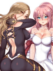 Rule 34 | 2girls, ass, bare shoulders, blue eyes, blush, bodysuit, breasts, brown eyes, brown hair, cleavage, dress, folks (nabokof), from behind, gloves, kisara (tales), large breasts, long hair, looking at viewer, multiple girls, pink hair, shiny clothes, shiny skin, shionne (tales), sideboob, simple background, skin tight, tales of (series), tales of arise, very long hair, white background