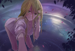 Rule 34 | 1girl, bent over, frog hair ornament, gradient background, green eyes, green hair, hair ornament, kochiya sanae, long hair, looking at viewer, matching hair/eyes, night, outstretched arm, partially submerged, petals, shirt, short sleeves, smile, solo, touhou, wading, water, wet, ziran juan