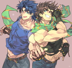 Rule 34 | 2boys, abs, back-to-back, belt, blue eyes, blue hair, brown hair, clothes lift, denim, fingerless gloves, gloves, grandfather and grandson, grin, jeans, jojo no kimyou na bouken, jonathan joestar, joseph joestar, joseph joestar (young), looking at viewer, male focus, multiple boys, muscular, one eye closed, pants, scarf, shirt lift, simple background, skin tight, sleeveless, sleeves rolled up, smile, star (symbol), striped clothes, striped scarf, toujou sakana, wink