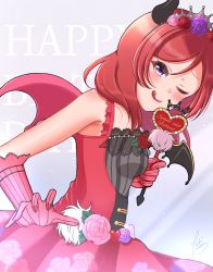 Rule 34 | 1girl, :p, artist name, artist request, bare shoulders, beads, blush, breasts, center frills, demon girl, demon horns, demon tail, demon wings, dress, female focus, fishnet thighhighs, fishnets, flower, frills, from below, garter straps, gloves, hair between eyes, hair flower, hair ornament, hairband, halloween, high heels, highres, horns, layered dress, lolita fashion, looking at viewer, love live!, love live! school idol festival, love live! school idol project, nakoto sun dros, nishikino maki, one eye closed, parted bangs, parted lips, pink eyes, pink flower, pink gloves, pink rose, purple eyes, red flower, red gloves, red hair, red rose, rose, rose hair ornament, short hair, small breasts, smile, solo, tail, thighhighs, tiara, tongue, tongue out, wings